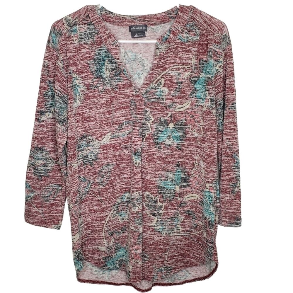 Van Hessen Floral High Low V Neck Long Sleeve Top